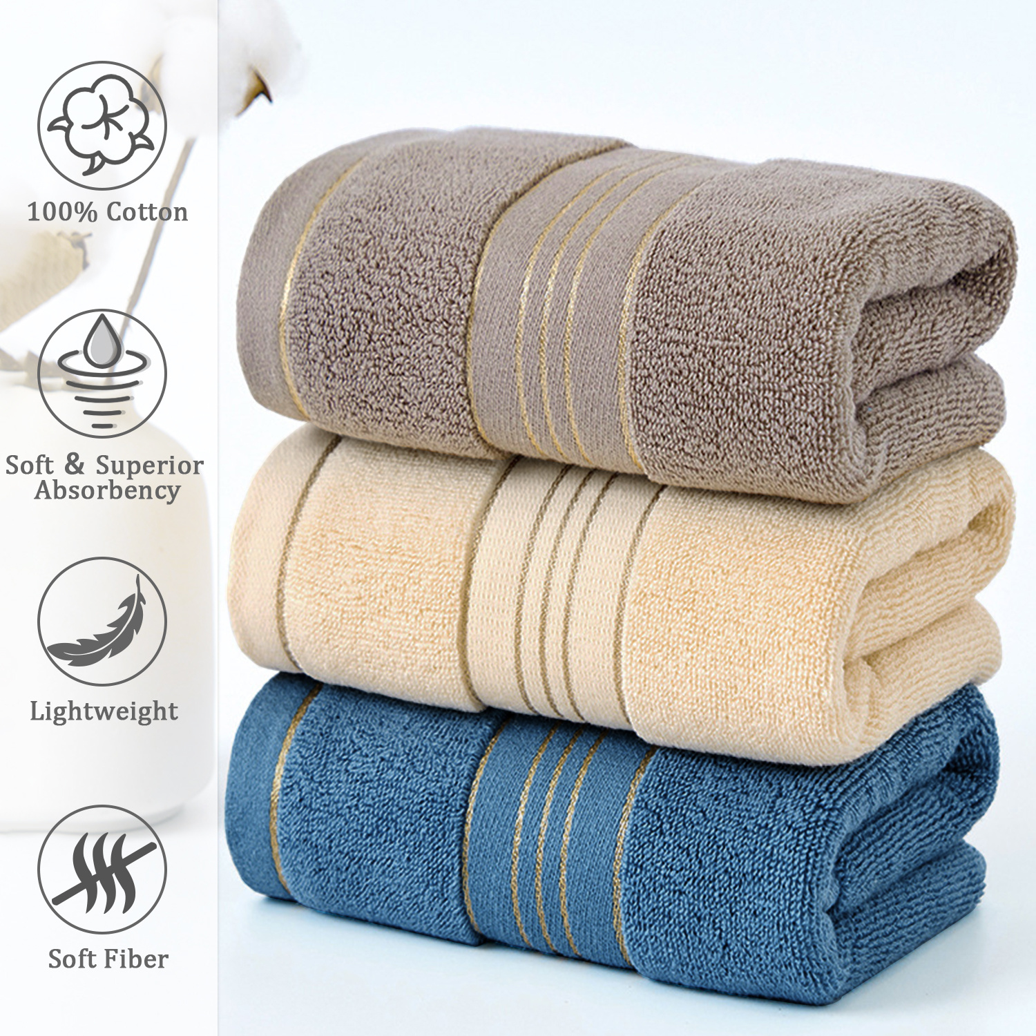 

Towels - Absorbent Striped Vintage Towel Set, 385 Gsm, Knit Weave Lightweight Space Theme Towels With Satin Ribbon, 3/4pcs Polyester Quick-dry Bath Towels