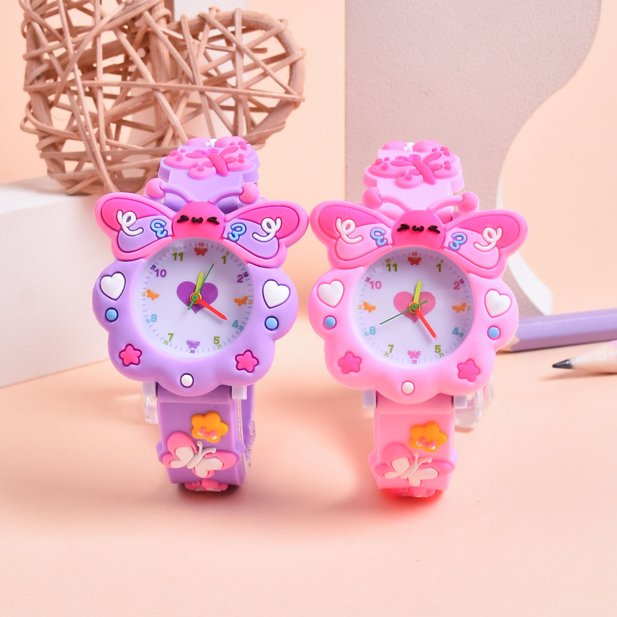 Image of Design 2pcs Cute Puppy With Long Ears And Silicone Strap Elementary School , Cat, , Cartoon Pony 's Quartz Wristwatch, Girls' Birthday Christmas Gift Set 2pcs
