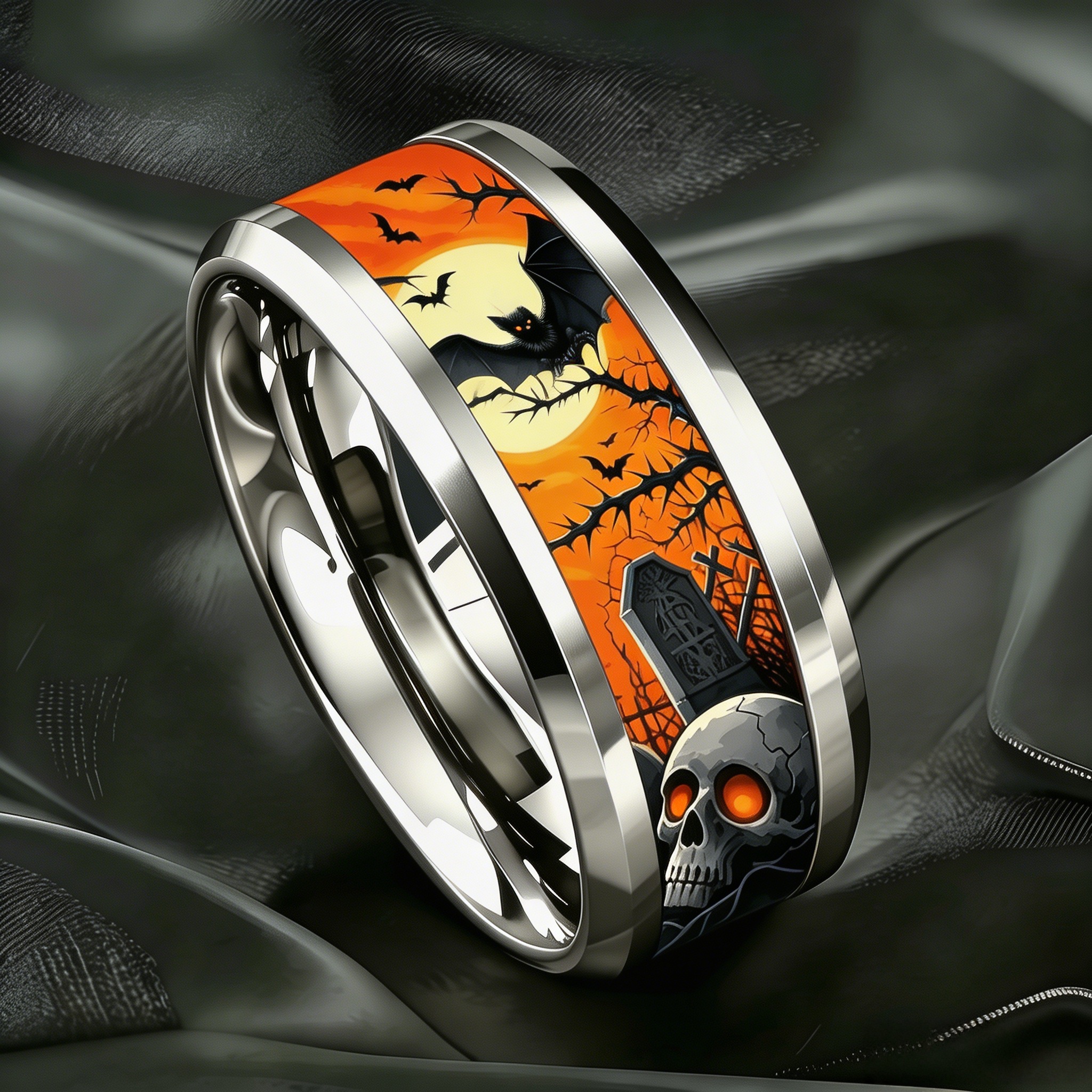 Orange Moonlit Night Bat Skull Stainless Steel Ring