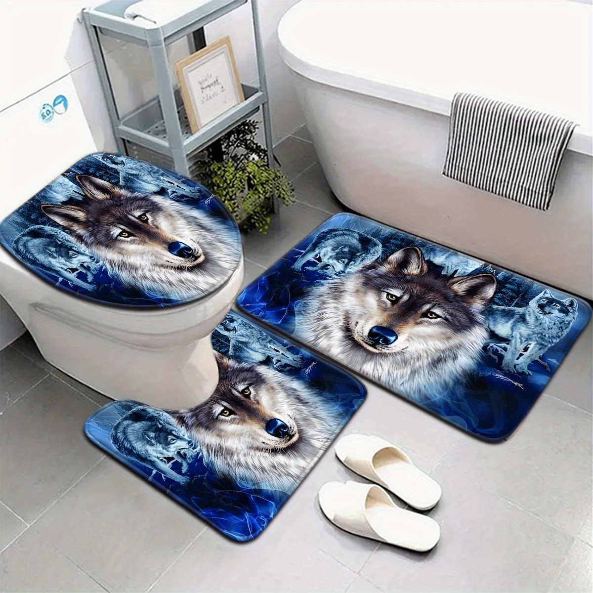 3pcs/4pcs Wolf Pattern Bathroom Mat Set Toilet Seat Cover U-shaped Mat