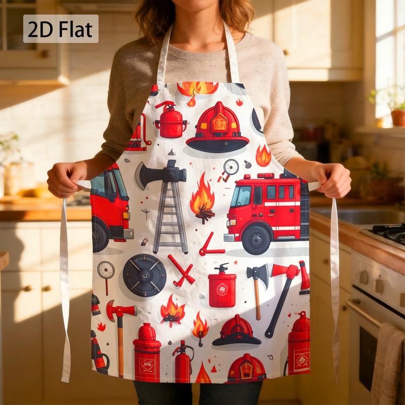 TEMU 1pc Apron Firefighter Themed Graphic Chef Apron Print Decorative Truck Helmet Axe Bib Chef Apron Unisex 68x55cm (27x22in) Durable Fade Resistant