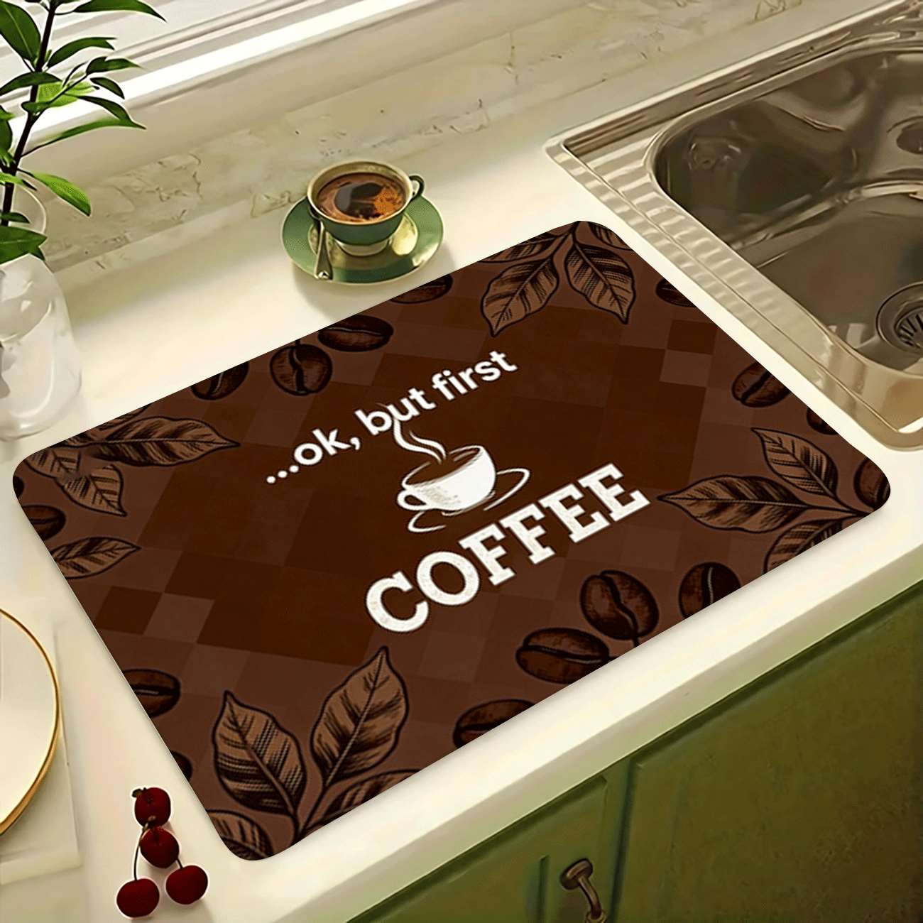 TEMU 1pc Super Absorbent Quick-dry Non-slip Kitchen Mat Coffee Mat - Utensil Drying Mat, Kitchen Countertop Bowl Dish Drying Mat, Vintage Coffee