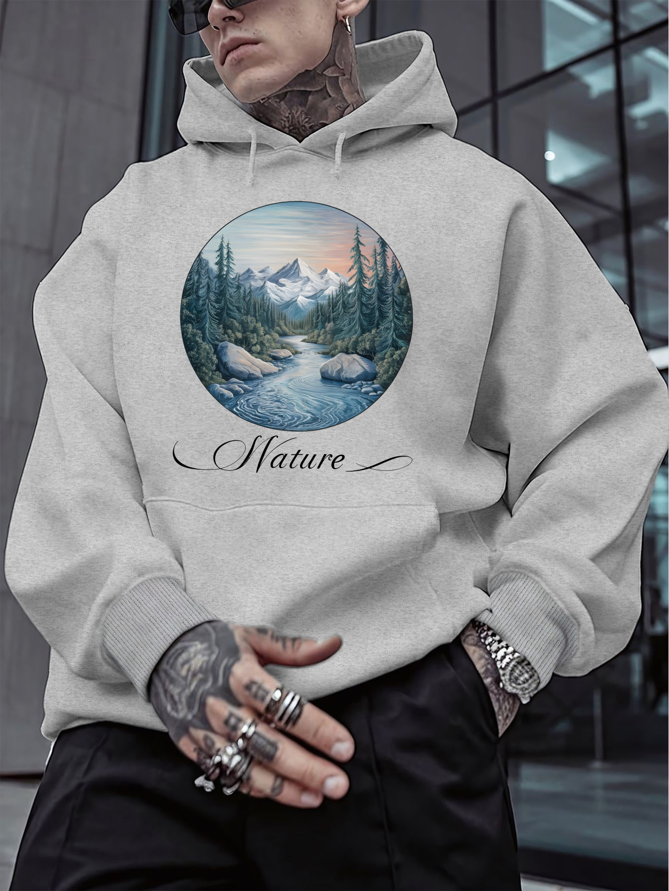 sudadera capucha forrada en vellón hombre estampado montaña Temu - Main Image