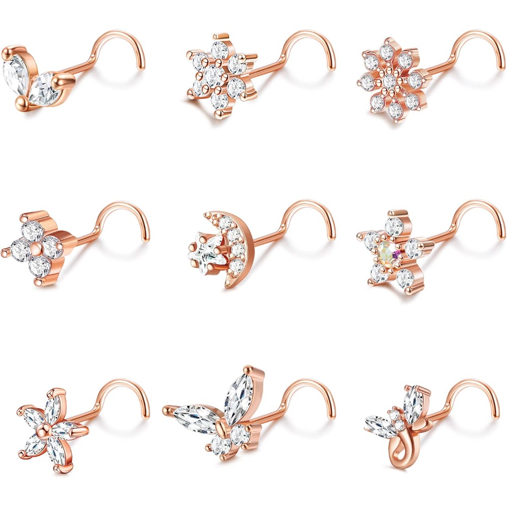 Image of 9pcs Stainless Steel L-shaped Nose Rings | Snowflake Flower Screw Design With Synthetic Zirconia For Women And Men, Sexy Daily And Party Jewelry By Milacolato
