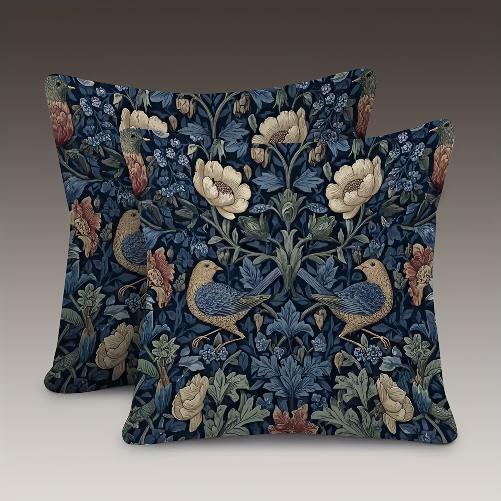 TEMU 2pcs William Vintage Floral And Birds Short Plush Pillow Covers, Single-sided, Navy Blue And Multicolor Plant Patterns For Sofa, Living Room,
