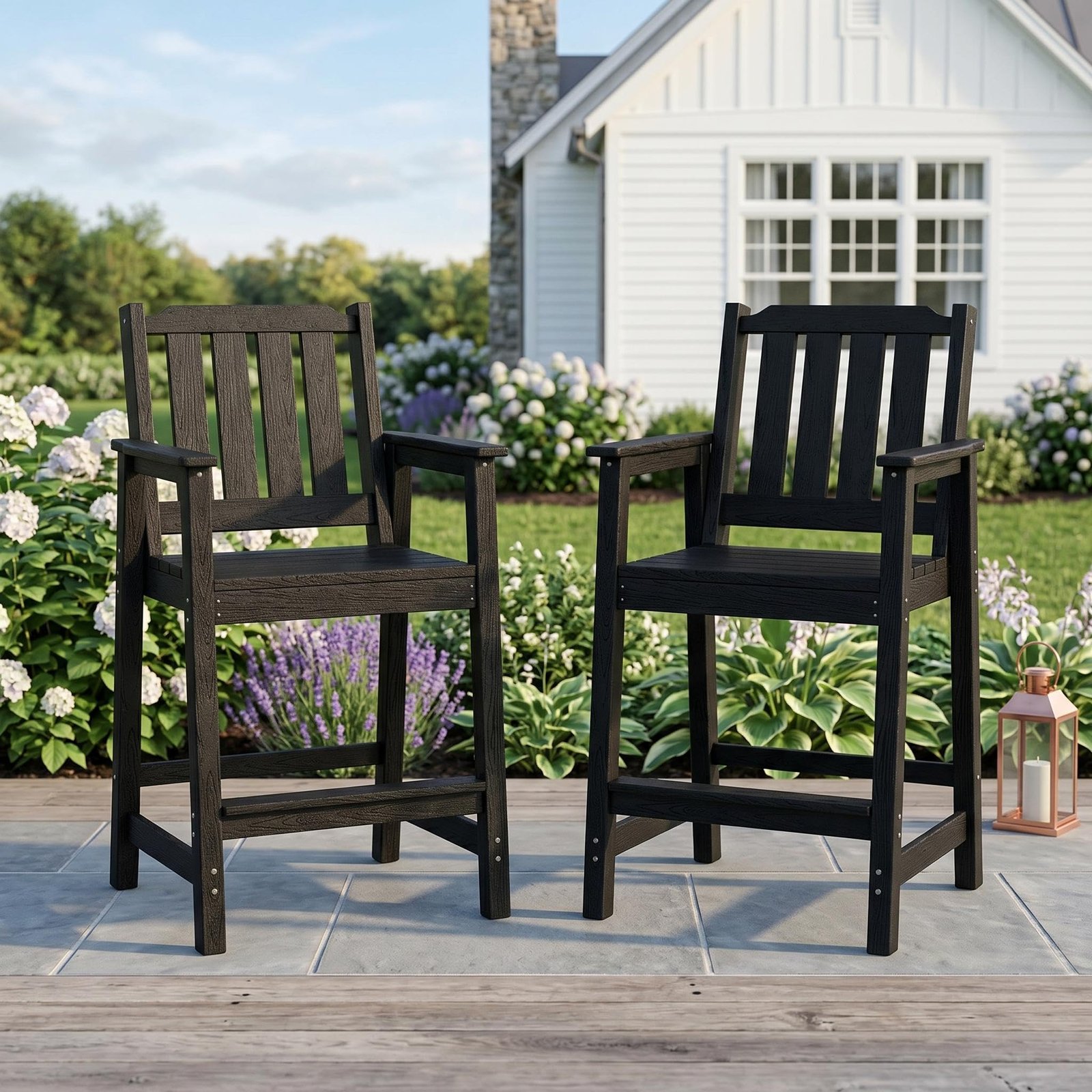 2026 New Courtyard Dining Tables And Chairs, All-Weather HDPE Patio Bar Stools Set of 2 - Tall Chairs with Armrests, Ergonomic Wide Back And Seat, Outdoor Bar Furniture for Balcony, Garden, Poolside - Black (2 Sheets/Box)