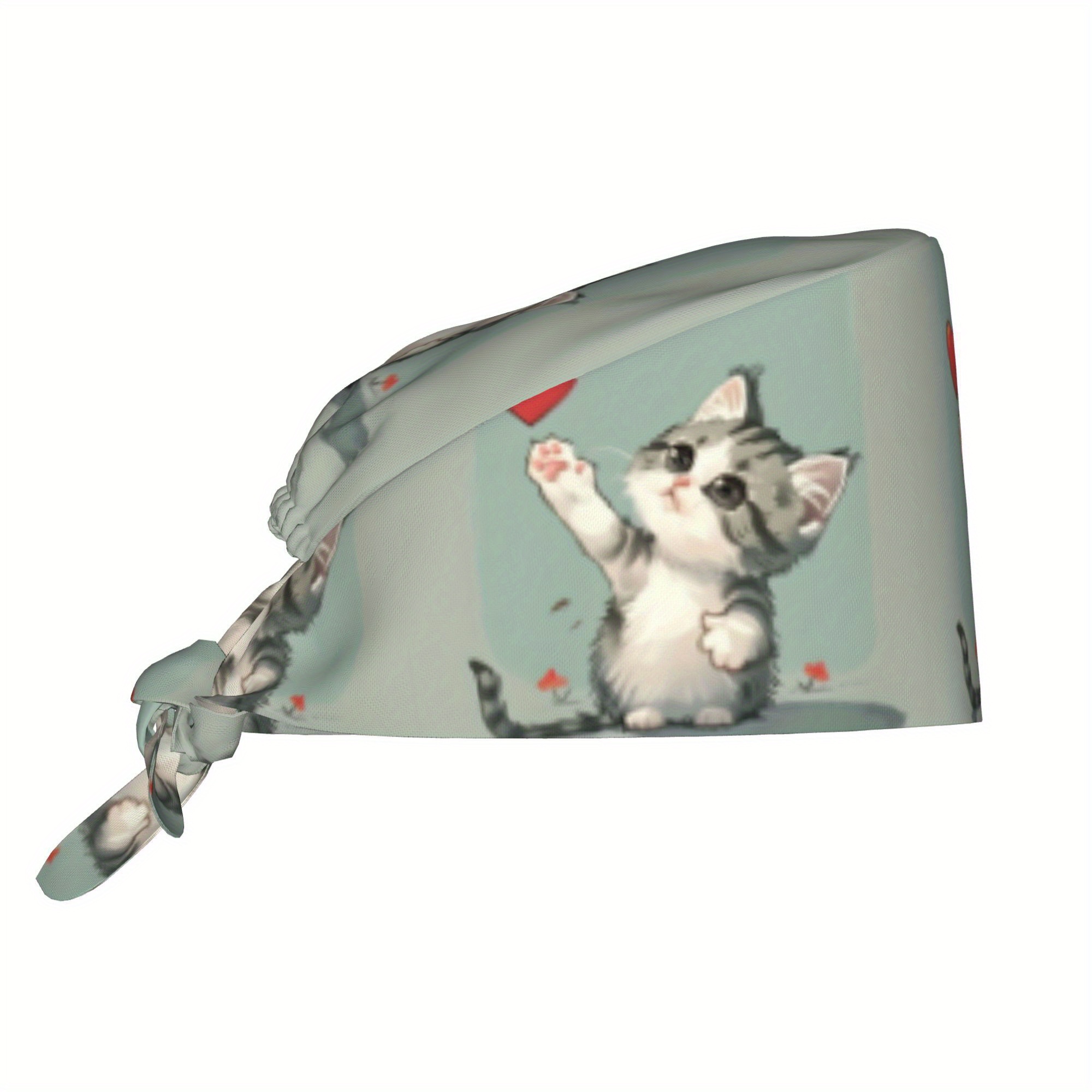 TEMU 1pc Cute Cat Print Adjustable Skull Cap - Lightweight Tie-back Nurse Hat, Dustproof Chef Cooking Cap For Women, Machine Washable Work Hat For