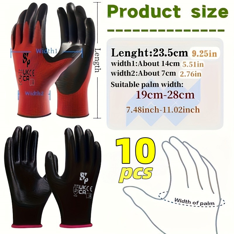 10pcs Heavy-Duty Coated Work Gloves, Labor Gloves, Gardening Gloves, Cycling Gloves, Horse Racing Gloves, Auto Gloves, Anti-Slip Gloves with Perfect Fit, Elastic Polyester Fabric Non-Slip Safety Gloves, Suitable for Various Outdoor Work Scenarios