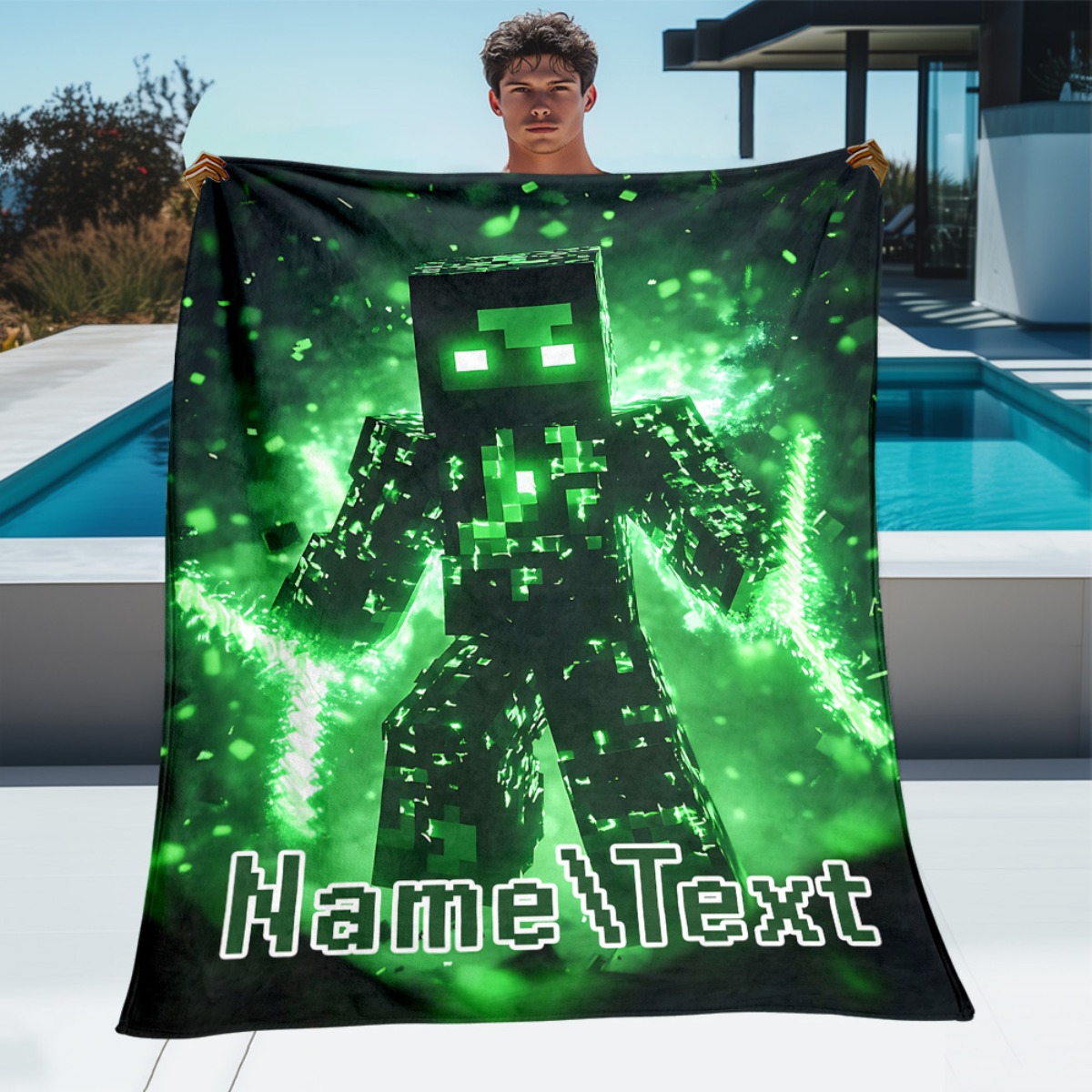 TEMU Custom Name Green Pixel Character With Outdoor Portable Blanket-lightweight Home Furnishings Bedding Blanket Suitable For Travel Camping Living