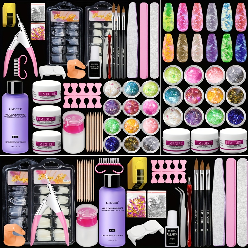 TEMU Kit de Faux Ongles Acryliques Professionnel, 12 Poudres Acryliques Pailletées, Kit de Pointes pour Nail Art, Décoration d'Ongles, Outils de Nail