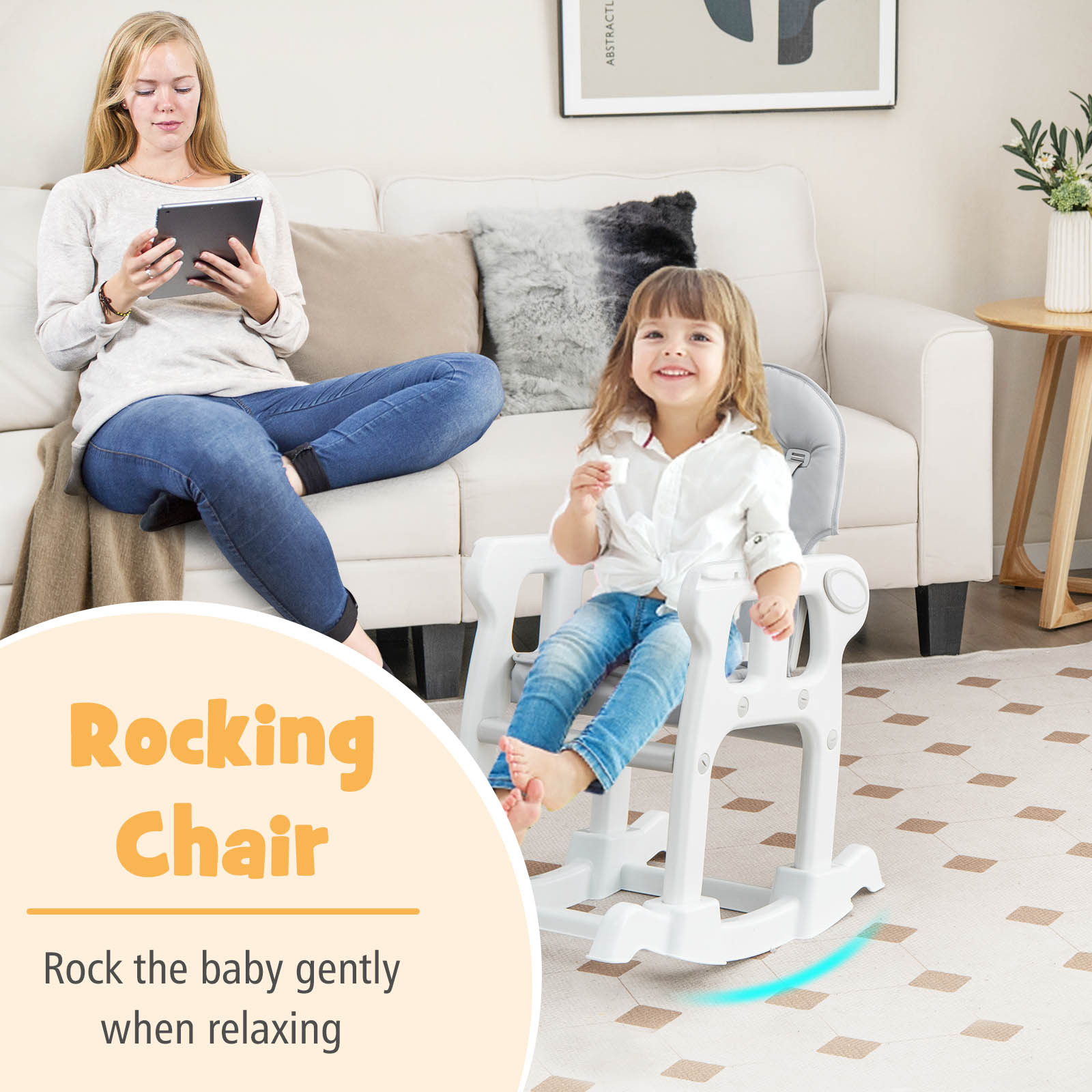 LIFEZEAL 3-in-1 Convertible Feeding Rocking Chair High Chair Table Set, Heavy-Duty 300lb Capacity with Booster Seat & Removable Tray, Adjustable Height, 5-Point Harness, Foldable Design, 360° Swivel, Safety Lock & Non-Slip Base, BPA-Free - Image 4