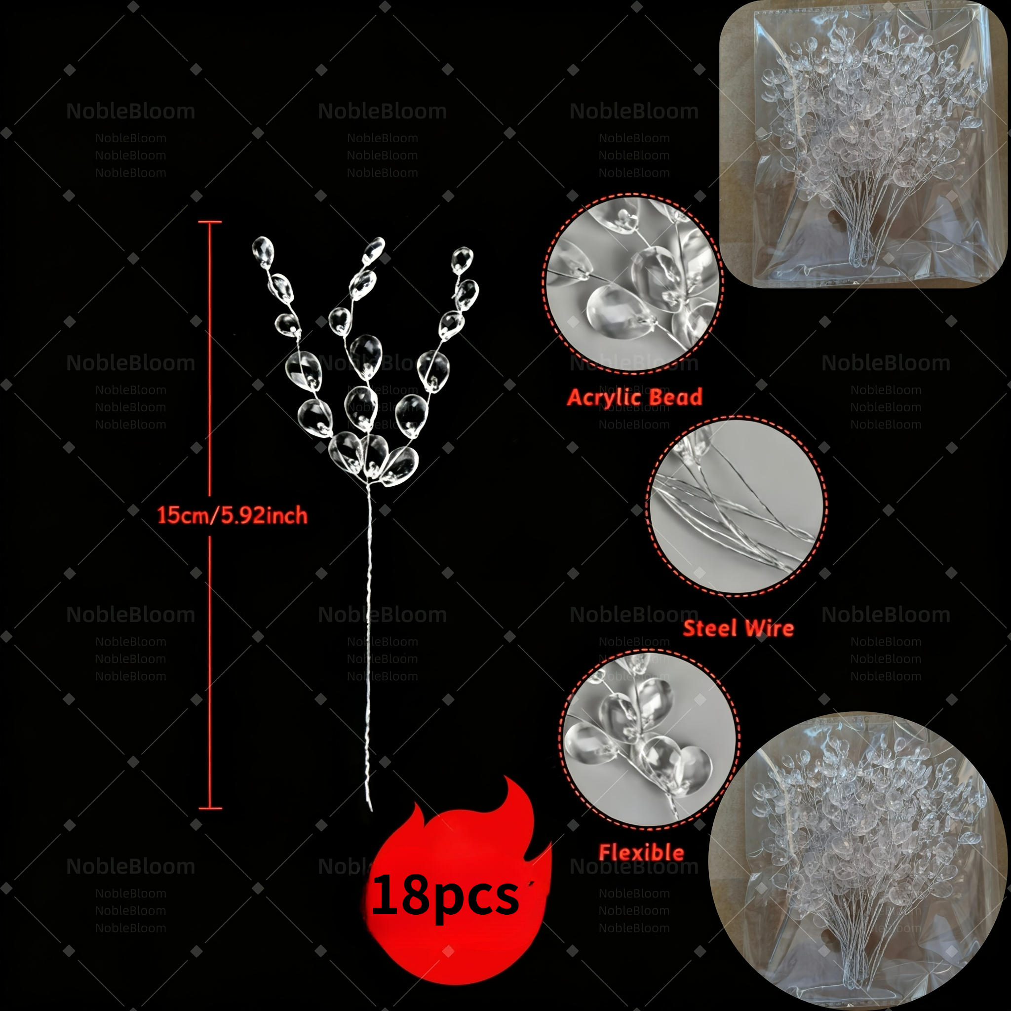 TEMU 18pcs Artificial Crystal Bead Flower Branches, Transparent Water Drop-shaped Acrylic Beads And Stems, Silver Wire Floral Sticks, Fake Water Drop