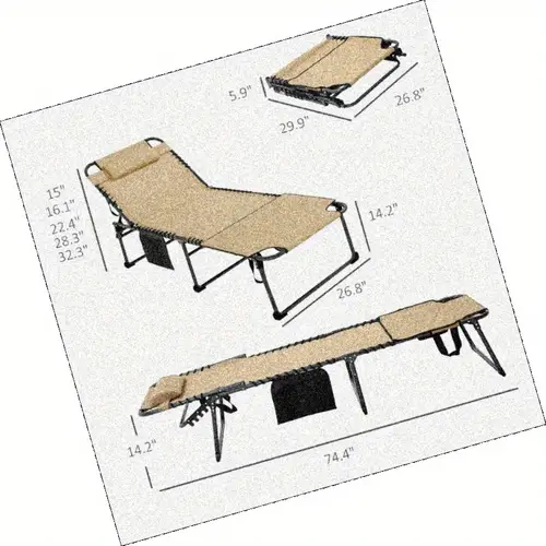 folding chaise lounge with 5 adjustable back outdoor relaxation chair with face hole for reading durable fabric metal frame portable sunbathing chair for beach yard patio beige
