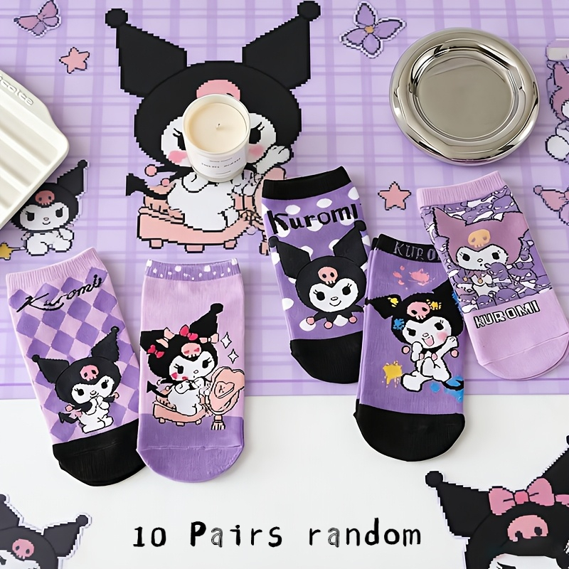 Image of 10 Pairs Set Of Cute Kuromi Cartoon-patterned Light-colored Low-cut Boat Socks In Purple, Versatile For Daily Casual Wear, Easy And Sophisticated Socks Random
