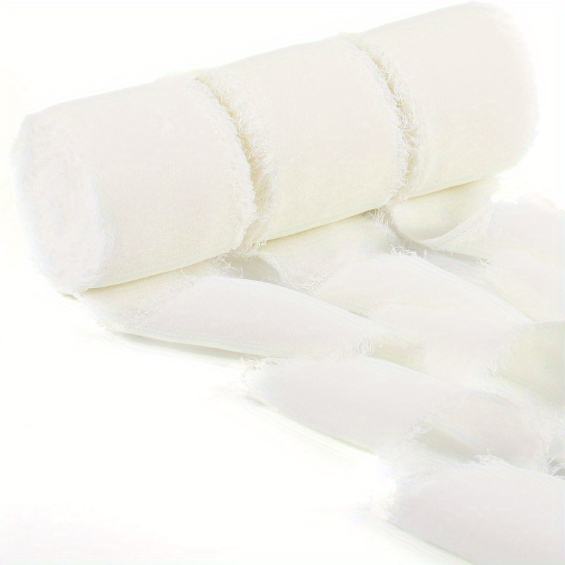 Image of Cream White Handmade Chiffon Ribbon Fringe 3 Rolls 1.57" X 16.4 Yd Ivory Frayed Edges Ribbons For Wedding Invitations Bridal Bouquets Gifts Wrapping Crafts Holiday Decor