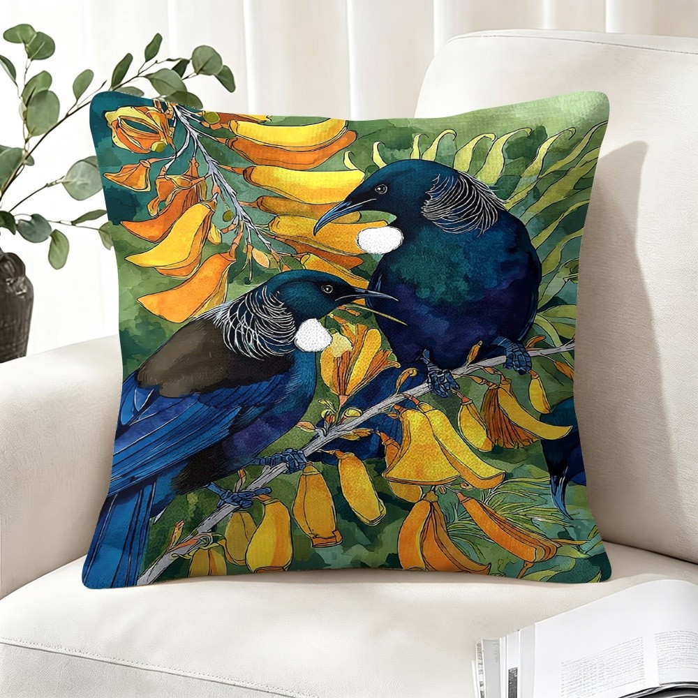 TEMU Watercolor New Zealand Tui Bird And Yellow Kowhai Flower Print Pillow Cover, Decorative Cushion Case With Art Design, Multiple Specifications