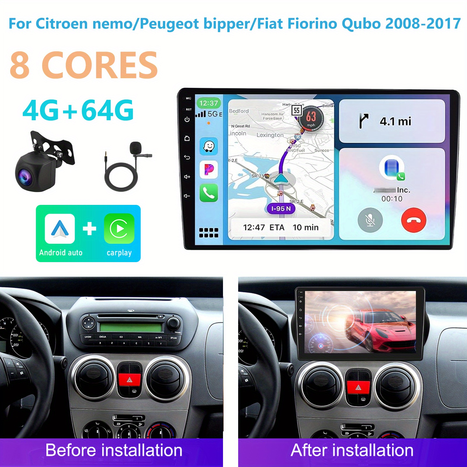 Image of 4g+64g Carplay For /for Peugeot /for Fiat Fiorino 2008-2017, Car .1 Inch 8 Cores Touch Screen Auto Gps Navigation Dsp B/t Fm Wifi Backup Camera Mic, Car Dvd Player, Without Battery