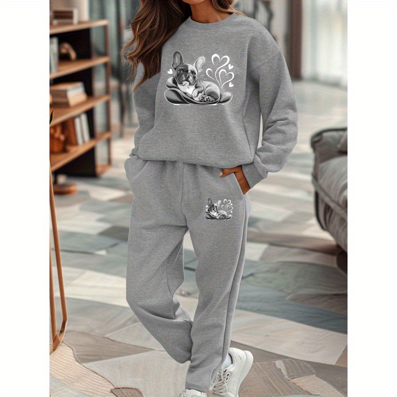 

Set Of Sweatshirt And Sweatpants Featuring A Cartoon Illustration Of A French Bulldog For Women.