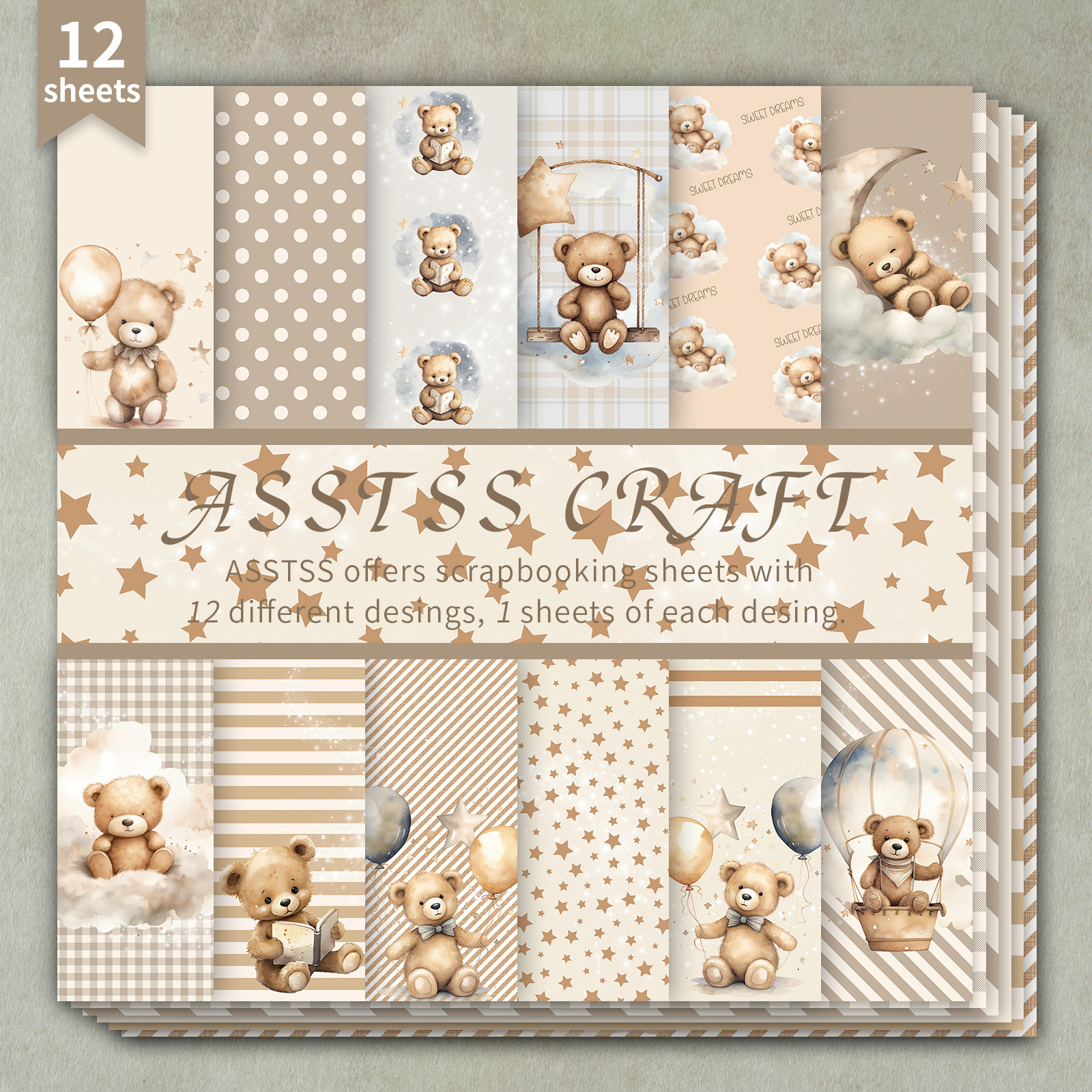 TEMU Lot de 12 feuilles de papier scrapbooking ASSTSS de 6*6 pouces, papier de base sur le thème des en peluche et des bébés, papier cartonné robuste