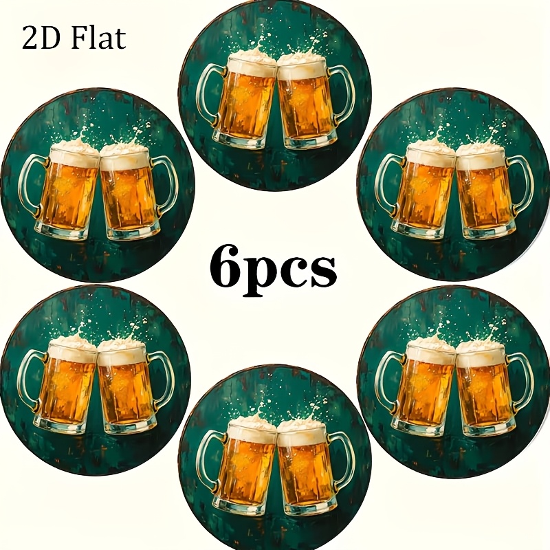 TEMU 6pcs 2d Flat Round Retro Beer Glass Wooden Coasters, Retro Toast Printed Drink Coasters, Non-slip Heat-insulating Desktop Protection Pads, Bar