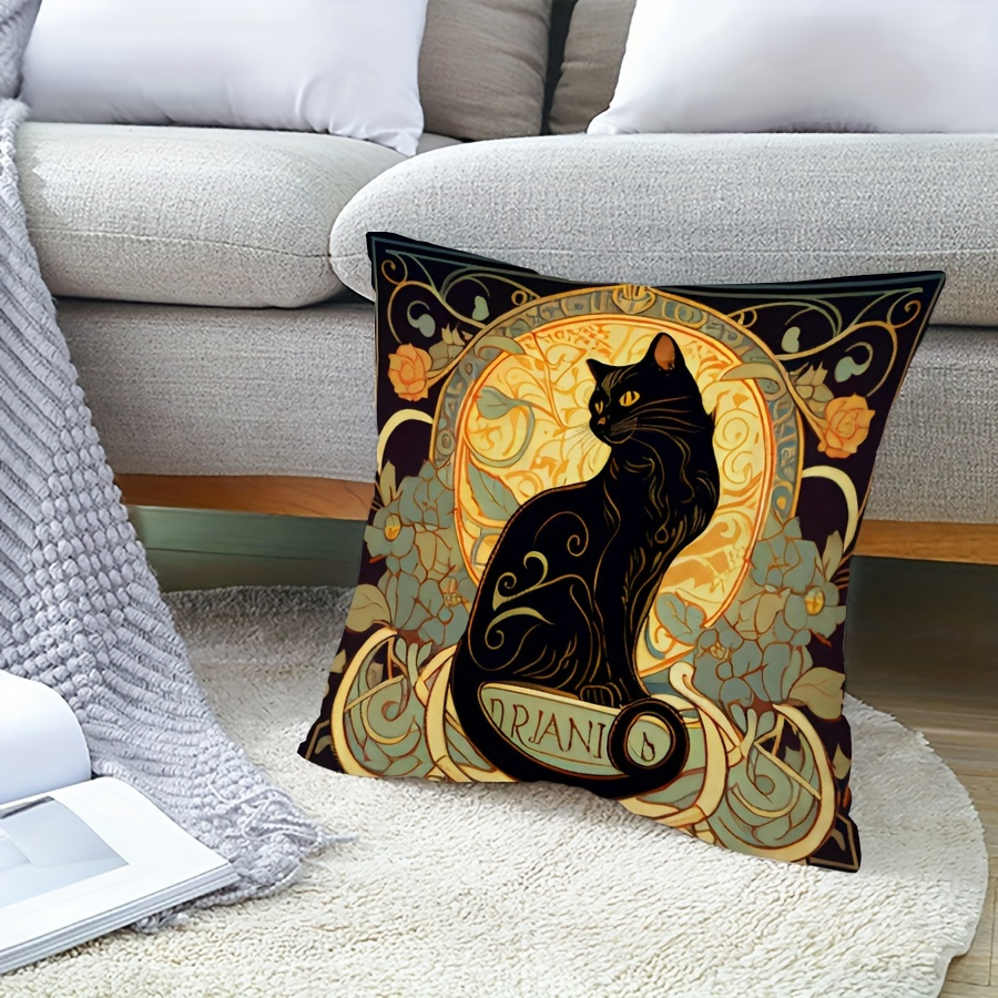 TEMU 1pc Vintage Cat Pillow Cover - 17.7x17.7 Inch Soft Polyester Decorative Cushion Case With Zipper Closure, Machine Washable, Intricate Floral &