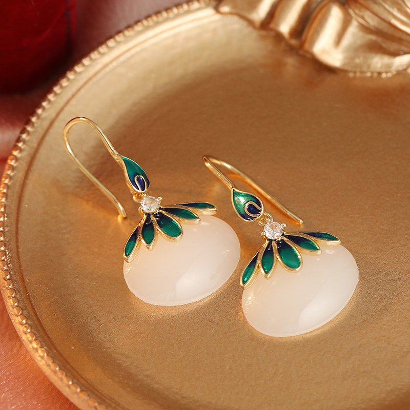 Vintage Drape Earrings with Pale Green Oval Setting