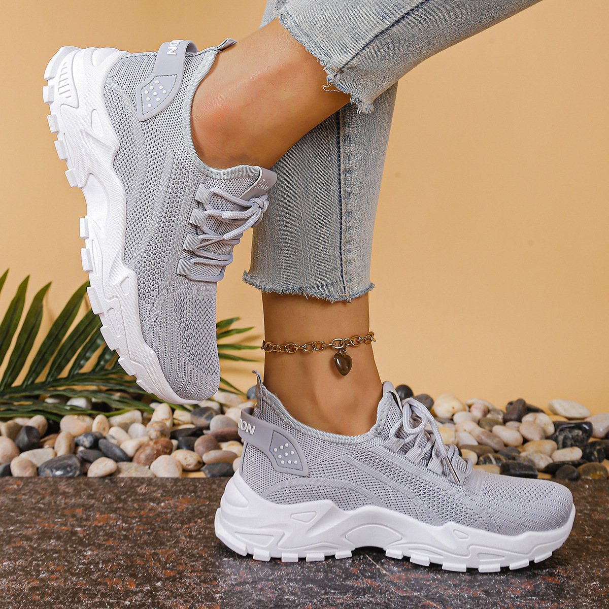 Women's Breathable Knit Sneakers - Wide Width Lace-up Sneakers With Arch & Stable Sole, Cushioned Outsole Suitable For Walking,, Gym, Casual Wear, - Fitness Footwear