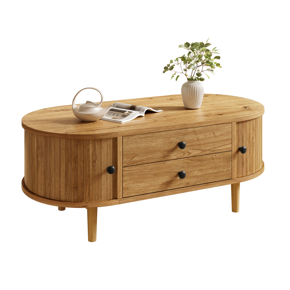 Coffee Table, Oval Shape Vertical Strip Design, With Sliding Doors 2 Drawers, Living Room Storage Table, 100l X 50 B X 40 H(cm)