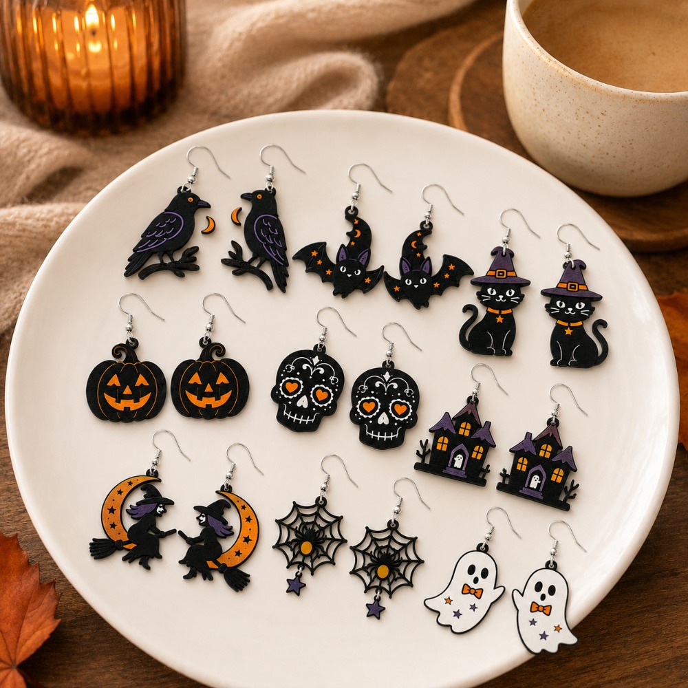 TEMU Ensemble de 18 boucles d'oreilles pendantes acryliques (9 paires) pour Halloween et des Morts, avec des accessoires de style effrayant à de