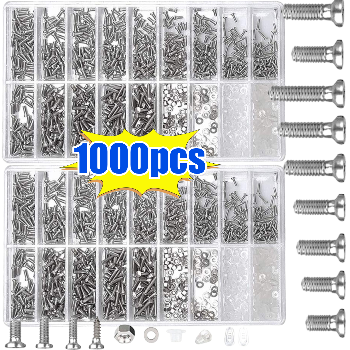1000 dalių rinkinys madingų akinių remontui, įskaitant varžtus, įvairius pincetus, atsuktuvus, veržles ir nerūdijančio plieno įrankius, taip pat tinkamas laikrodžių remontui