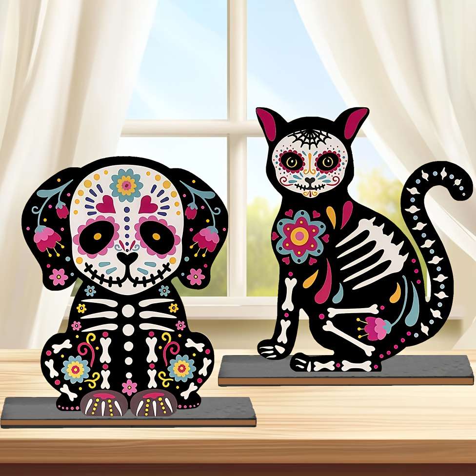 TEMU Set de Decoración de Altar 2D del Día de Muertos (Set de 2 piezas), Decoración de Mesa de Altar de Calavera de de Madera y Adornos Temáticos de