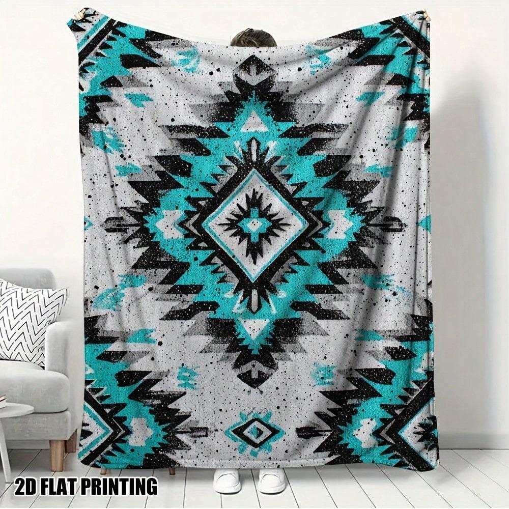 TEMU 1pc Turquoise & Grey Southwestern Print Flannel Throw Blanket | Black White Teal Southwestern Bedspread With Turquoise & Patterns, Couch Bed