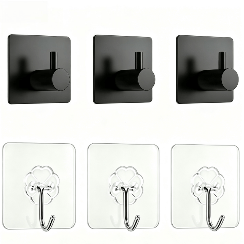 TEMU 6-pack No-drill Bathrobe And Towel Hooks (includes 3 Towel Hooks + 3 Clear Hooks), Modern Black Wall Hooks With Strong Adhesive, , Suitable For