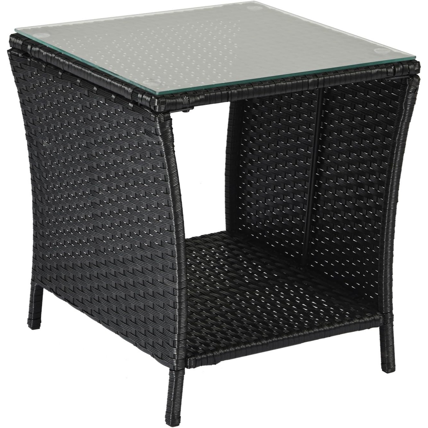 Image of Bonnlo Rattan Side Table With Glass Top, Balcony Furniture In Gray/black/brown, Small Garden Furniture, Outdoor Balcony Table Weatherproof, 46x46x50 Cm