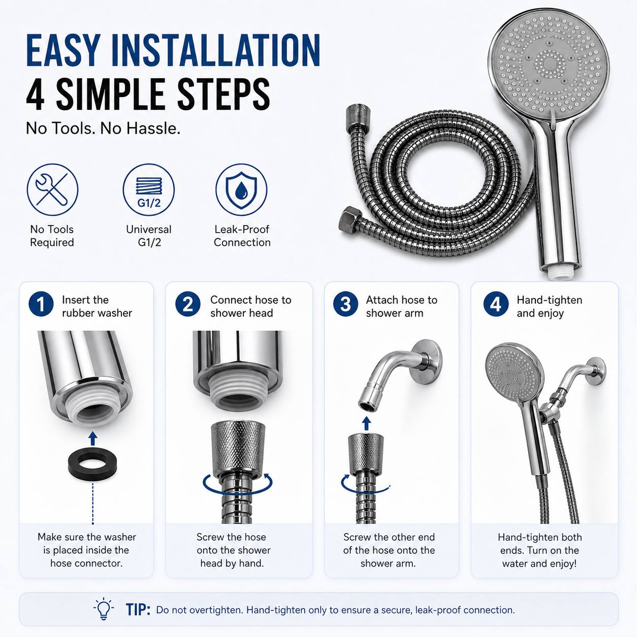 2pcs Set: High-Pressure Handheld Shower Head with Stainless Steel Hose
