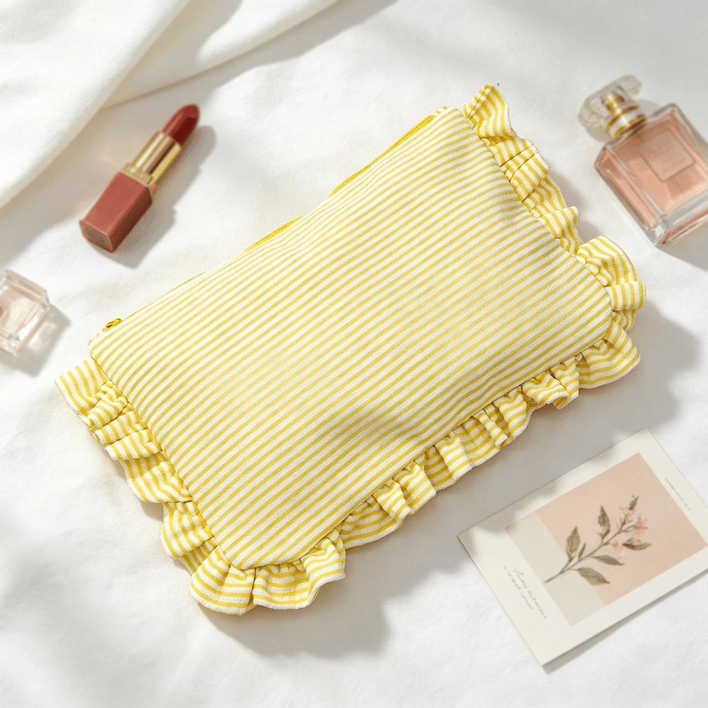 TEMU Stylish Seersucker Makeup Bag, Large Capacity Striped Cosmetic Pouch, Portable Hand Clutch, Lightweight Travel Wash Storage Bag, Durable Fabric
