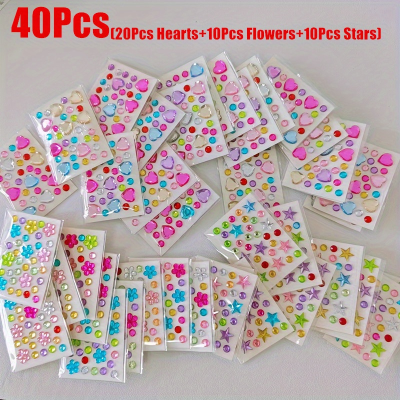 

40pcs Valentine's Day Mini Heart, Flower, And Star Stickers - Rhinestones Accents For Crafts, Gifts, And Decorations, Self-adhesive, Valentine's Day, Weddings, Gift Boxes