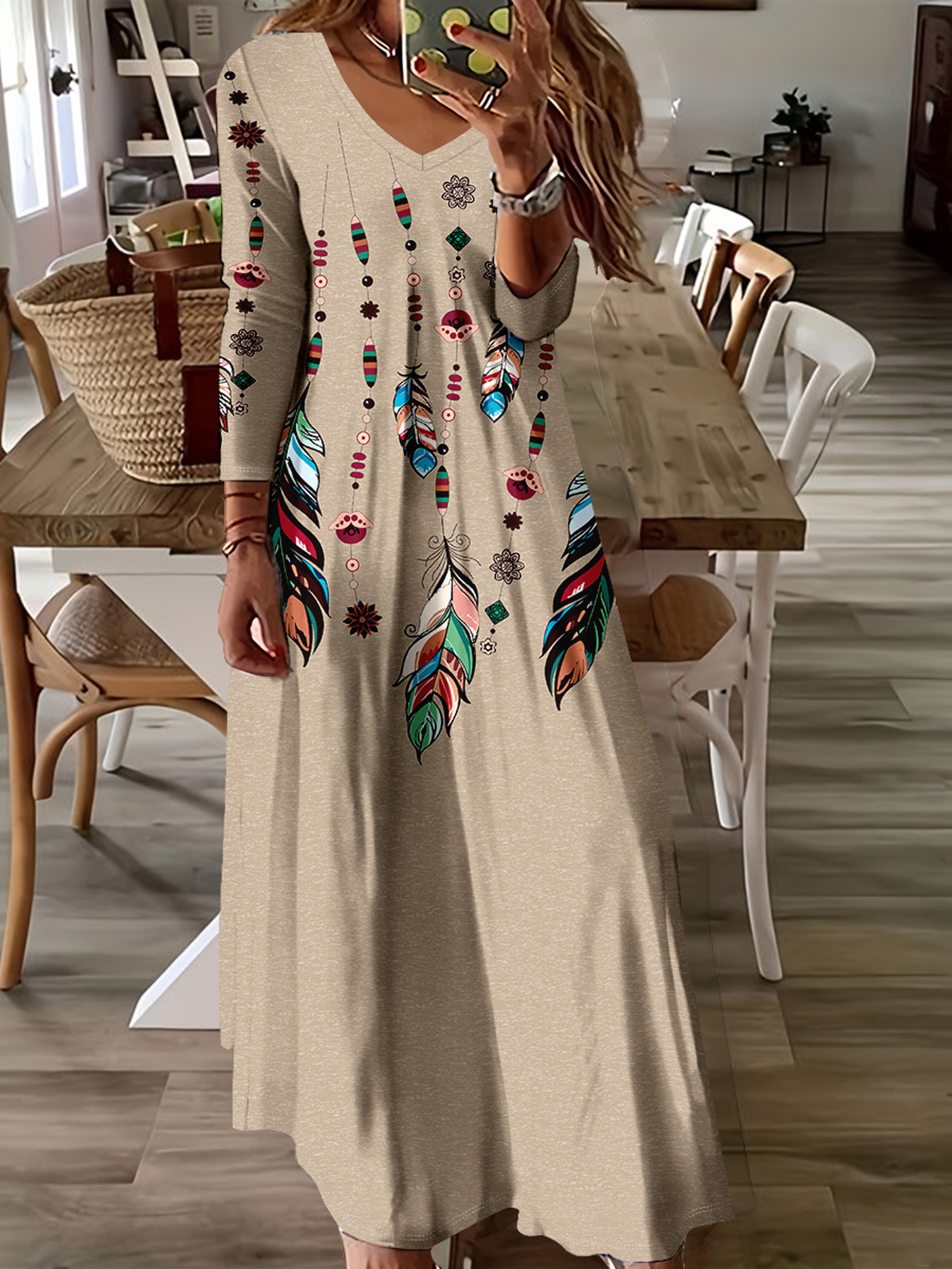 Plus Size, European and * Women's Elegant V-Neck Long Sleeve Dress-1154