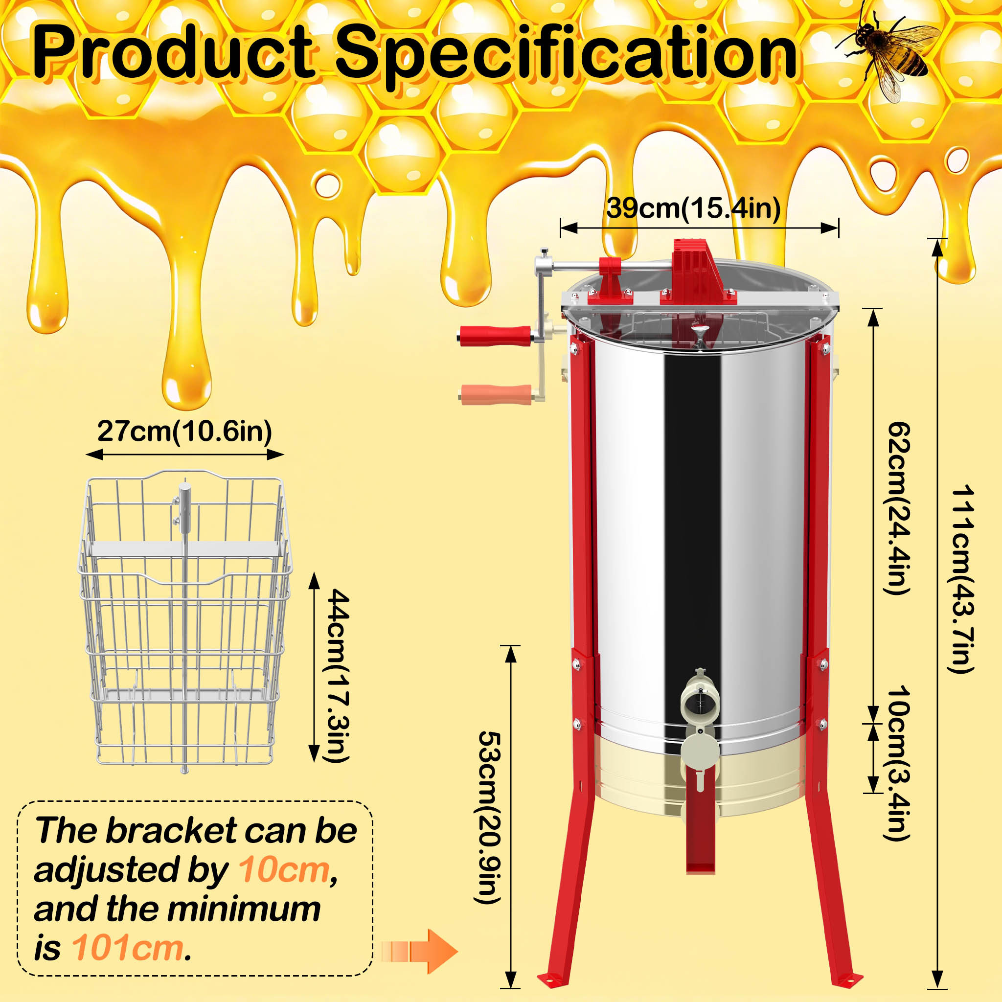 Stainless Steel Honey Extractor For 2 Frames, Manual Tangential Extractor With Hand Crank, Adjustable Feet And Lid, Honey Extractor Measuring Ø39 X 111 Cm