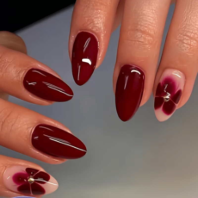 TEMU 24pcs Almond Shaped | Elegant Retro (wine Red Naked Powder And 3d Flower) With Jelly Glue And Nail File Pressing Fake Nail Set, Gift For ,