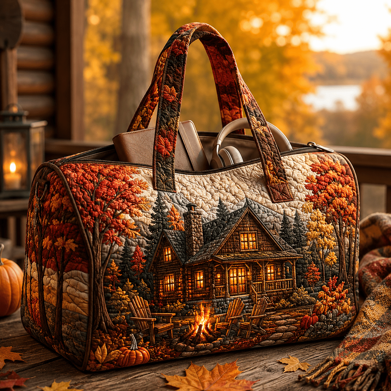 TEMU 1pc Autumn , And Mountain Print Quilted Duffel Bag, Large Capacity Lightweight Weekender Bag For Camping, Fall Travel And Thanksgiving Gifts