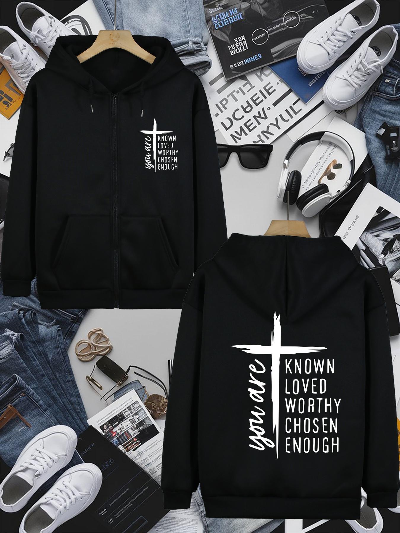 womens full zip hoodie black with white inspirational christian crossbackend text     worthily   enough long sleeve casual sweatshirt for everyday church outfits machine washable womens clothing   lounge wear motivational clothing breathable material   top faithbased fashion black 0