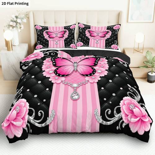 parure de lit 3 pièces avec impression 2d à plat, 1 housse de couette + 2 taies ( rembourrage), thème floral papillon rose, de printemps, convient pour la décoration de chambre moderne, plat 2d