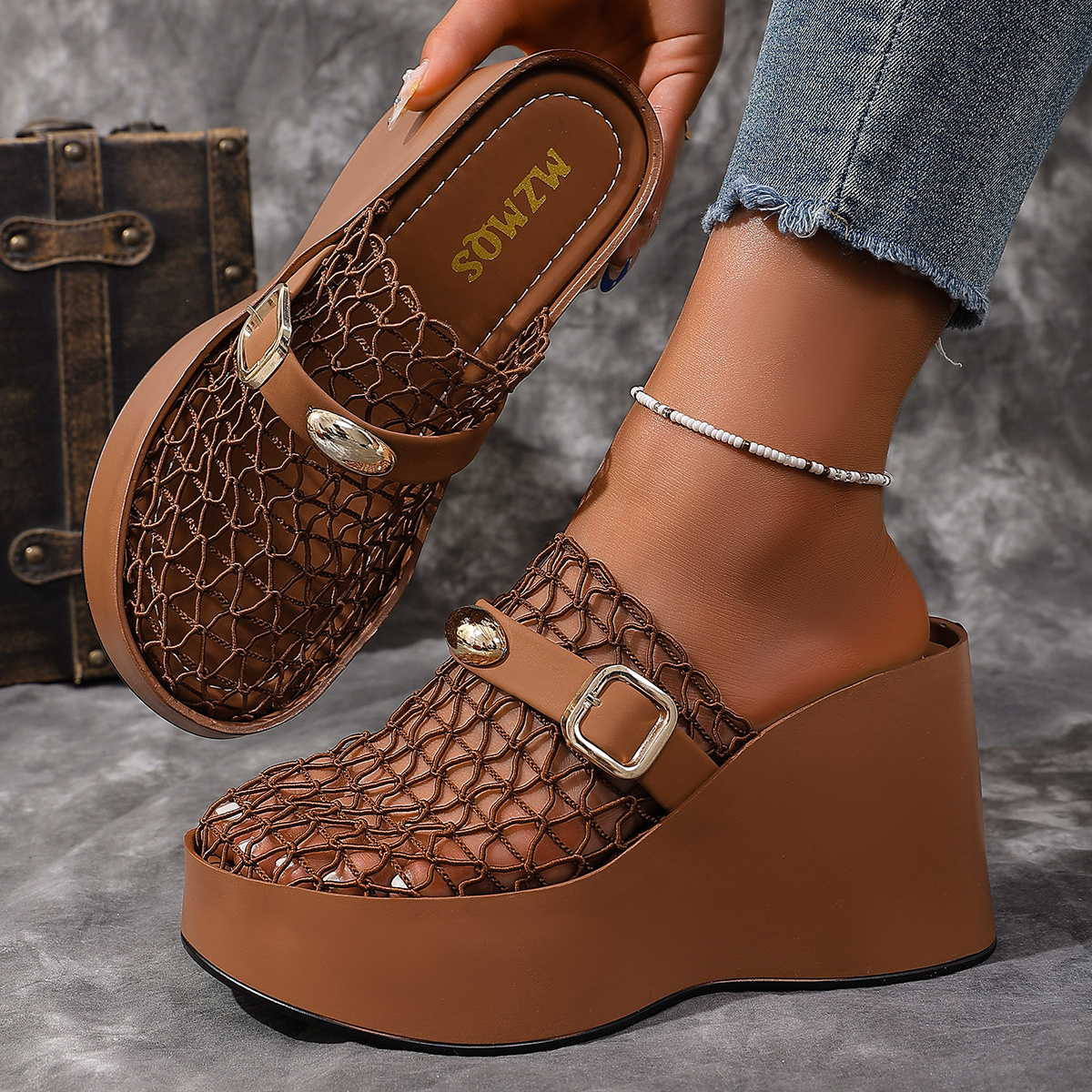 Summer Mesh Cut Wedge Heel Slide Sandals Women Outdoor Wear