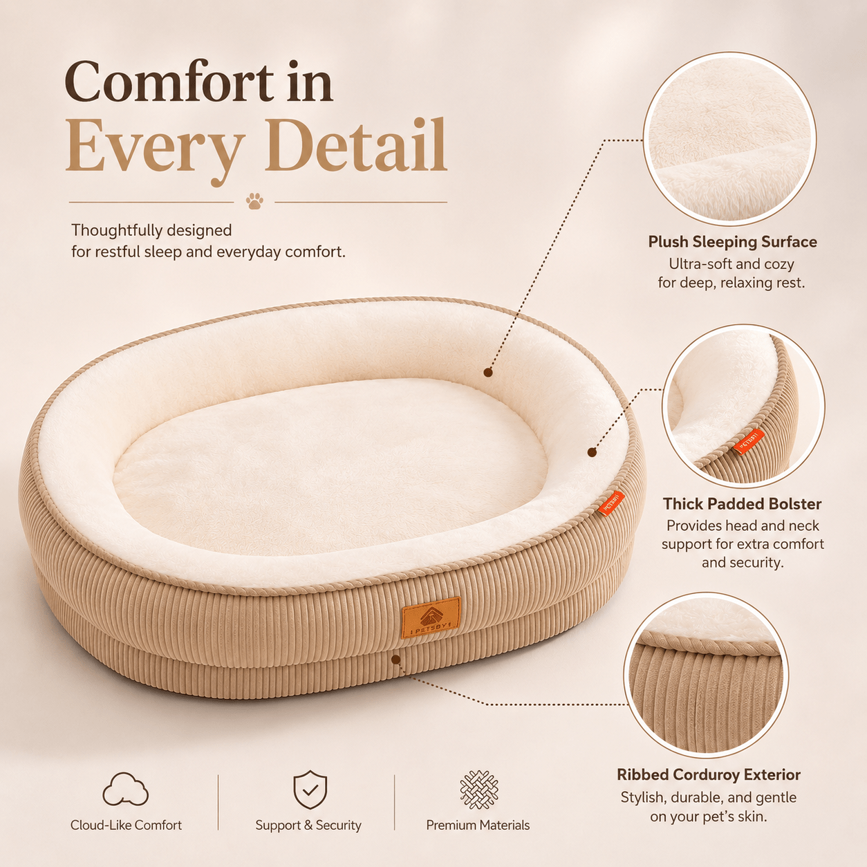 Corduroy Pet Bed, Soft Plush Oval Bed with Raised Bolster, Cozy Washable Cushion, Suitable for Cats & Small/Medium Dogs, Puppies, Chihuahuas, Shih Tzus, Dog Bedding
