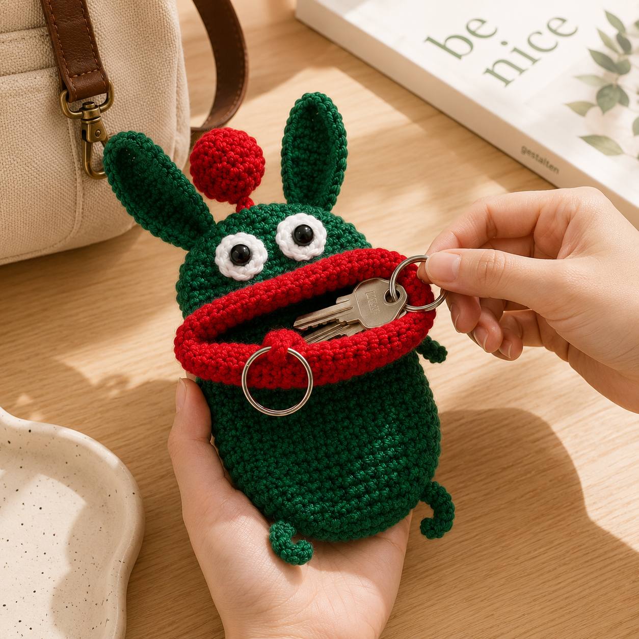 TEMU Handmade Crochet Rabbit Holder, Pull Out Key Protection Case With Metal Key Ring For Bag Decoration