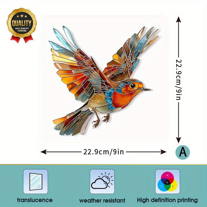 Image of 1pc Vibrant Stained Robin Window Decal - 9"x9" Flying Bird Sun , Waterproof & Uv-resistant Pet Film, Easy Static Cling Application For Home & Rv Decor, Ideal Gift, Animal Theme, Sun , Glass Stickers