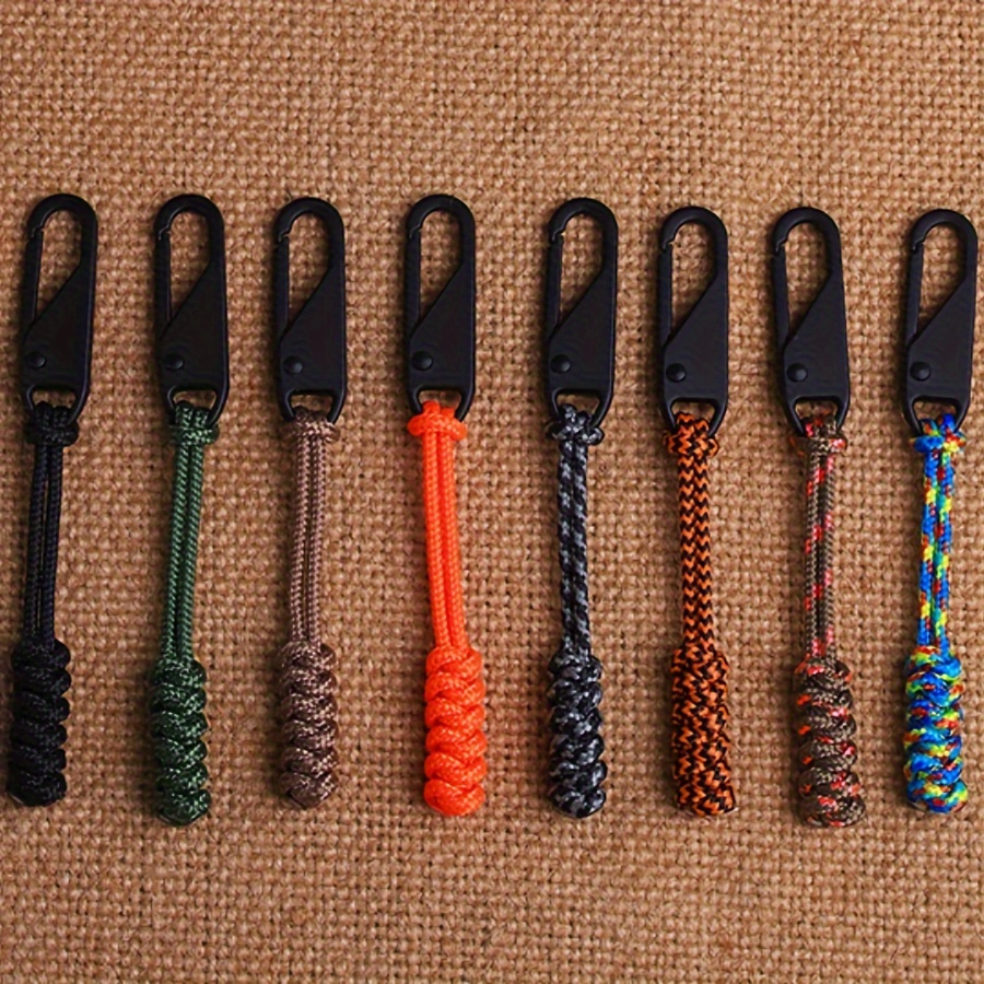 Set Of 8 Replaceable Zipper Pulls Measuring 3.9 Inches, Featuring Braided Umbrella Rope Heads In Colors, A Polyester Core And Metal Zipper Sliders