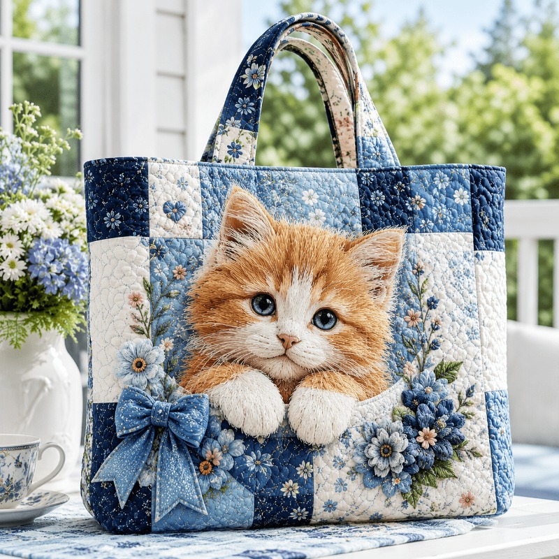 TEMU Sac fourre-tout matelassé rétro pour femme avec chat, adapté pour , , les - Sac à main grande à fermeture éclair avec imprimé patchwork floral