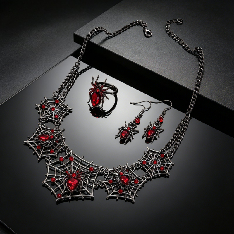 TEMU Women Black Spider Jewelry 3pcs Set, Alloy Necklace Earrings Ring Combo With Inlaid , Vintage Hip Hop Costume Accessories For Halloween &